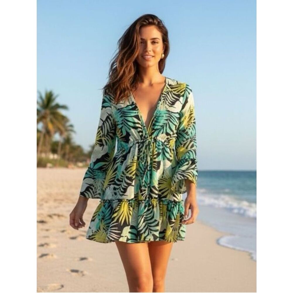 Club Z Collection Tropical Leaf Green Swim Cover-Up Dress